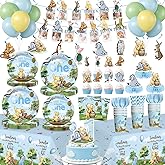 Yingoto 171 PCS Blue Bear 1st Birthday Decorations Tableware set, Bear Themed party supplies with Balloon, Banner, Cake Topper, Plates and Napkins, for Boy First Birthday, Serves 20 Guests