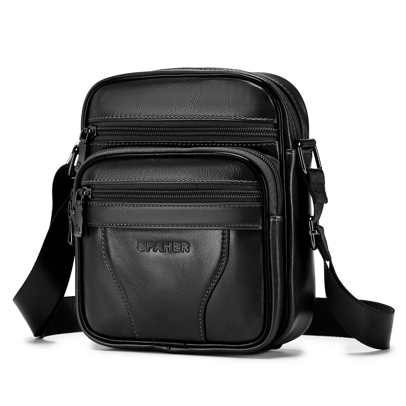SPAHER Small Mens Leather Bag Handbag Shoulder Bag Business Messenger Bag Cross Body Casual Sling Organiser Travel bag with Adjustable Detachable Shoulder Strap Black