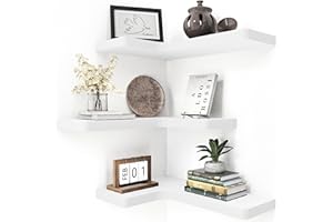 fuqing Corner Floating Shelves, Wall Shelf Set of 3, Shelves for Wall Storage, Solid Wood Shelves for Storage, Wall Mount Wooden Display Shelf for Bathroom Bedroom Kitchen Garage, White