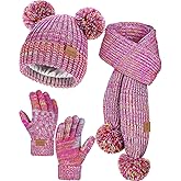 Remifa Kids Winter Hat Gloves Scarf Set, Toddler Girls Boy Fleece Lined PomPom Beanie Hat Kint Neck Long Scarf Warm Mittens