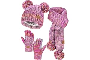 Remifa Kids Winter Hat Gloves Scarf Set, Toddler Girls Boy Fleece Lined PomPom Beanie Hat Kint Neck Long Scarf Warm Mittens