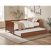 Camaflexi Mid-Century Modern Daybed &amp; Trundle/Solid and Manufactured Wood/Panel Headboard/No Box Spring Needed/Foundation has 14 Wood Slats/Twin Trundle/Easy Assembly, Castanho Finish, Twin.