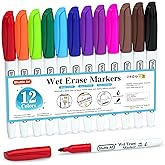 Shuttle Art Wet Erase Markers, 12 Colors 1mm Fine Tip Overhead Projectors Transparency Smudge-Free Markers, Works for Laminated Calendars Whiteboard Schedule Glass, Wipe with Water