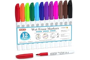 Shuttle Art Wet Erase Markers, 12 Colors 1mm Fine Tip Overhead Projectors Transparency Smudge-Free Markers, Works for Laminated Calendars Whiteboard Schedule Glass, Wipe with Water