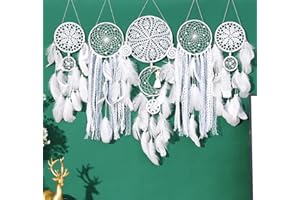 DJSYLIFE Dream Catchers Boho Wall Decor - Handmade Moon and Sun Feather Dreamcatcher Set, Traditional Native American Wall Hanging for Kids Bedroom, Adult Living Room, Home Bohemian Decor (White, 5 pcs)