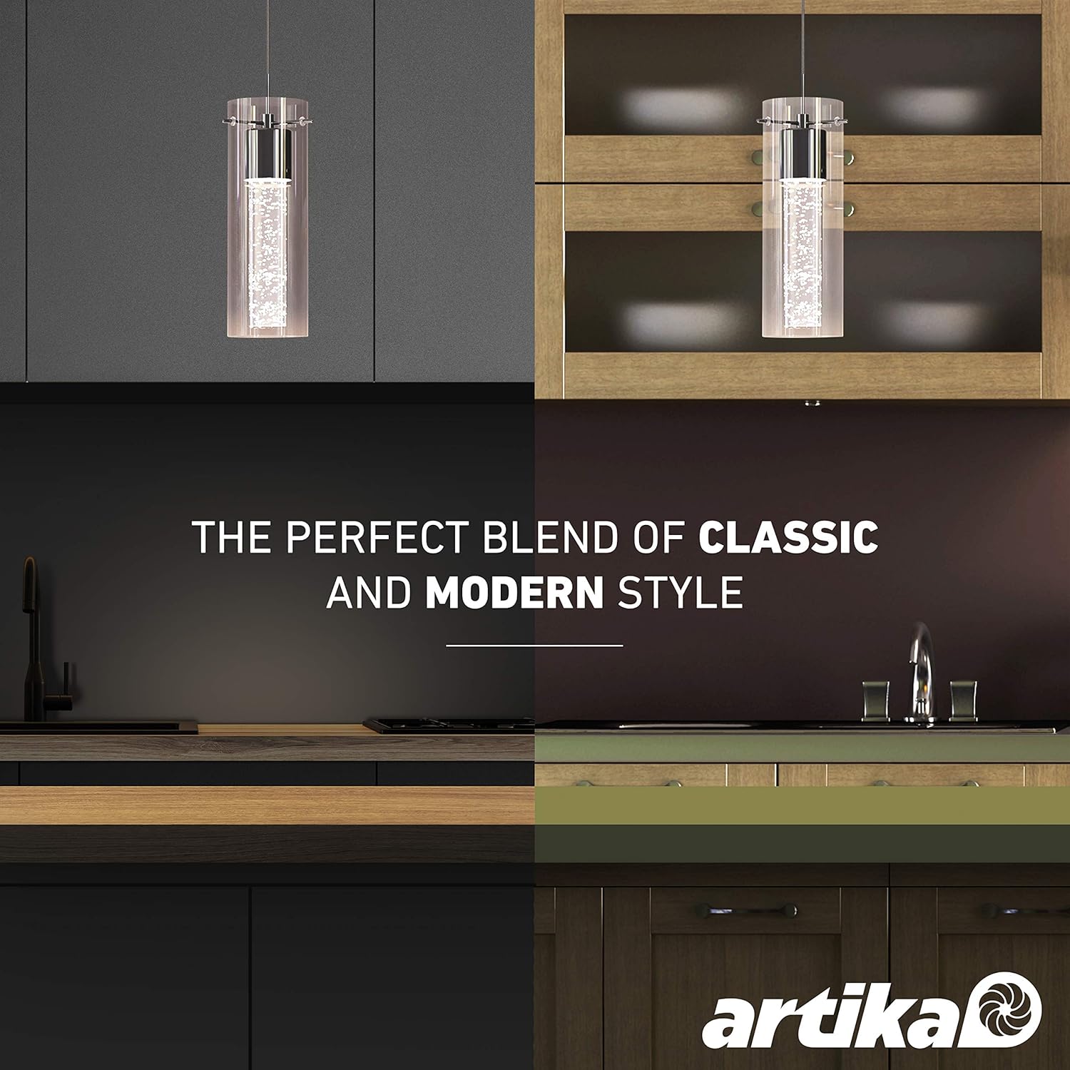 Artika OME1LB-HD1 Essence Chrome 1-Pendant LED Light Fixture, 12-inches with Integrated LED and Premium Bubble Glass, Chrome - - 