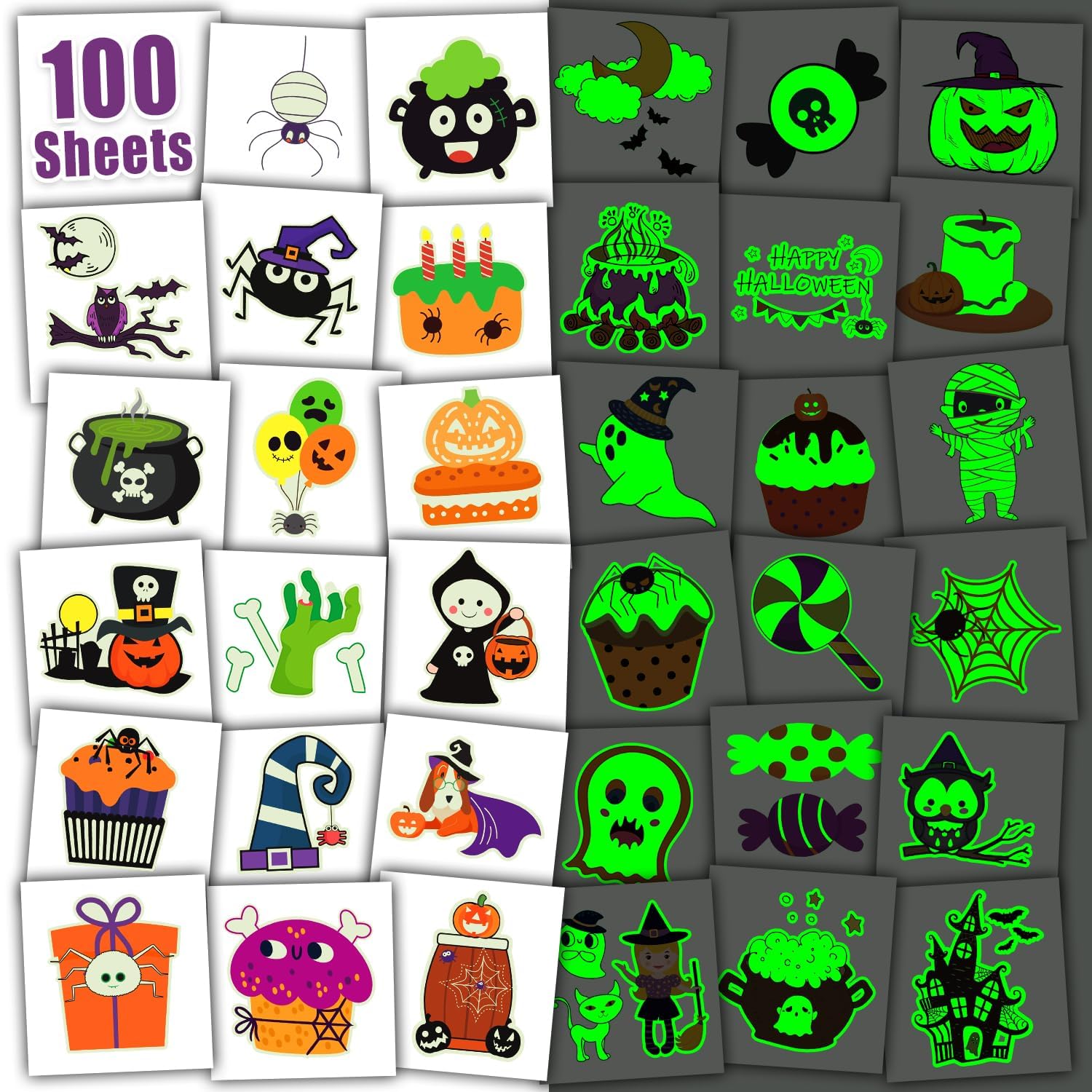 Leesgel Halloween Tattoos for Kids, 100 Individual Sheets Luminous Halloween Pumpkin/Candy/Bat/Spider Tattoo Stickers, Glow Halloween Decorations for Boys Girls