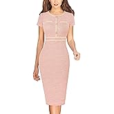 VFSHOW Womens Crew Neck Button Business Work Office Bodycon Dress Short Sleeve Patchwork Tweed Trim Party Pencil Sheath Dress