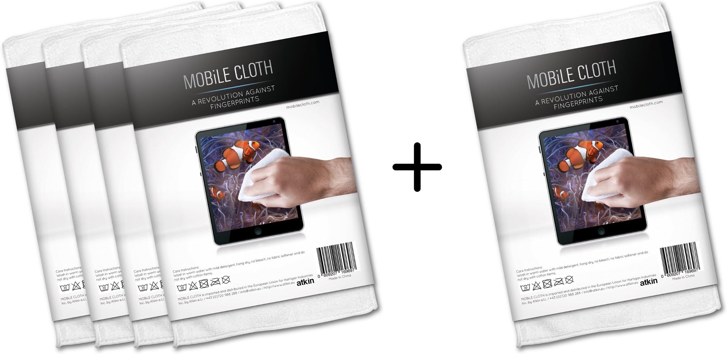 Cleaning cloth MOBiLE CLOTH Nano, 4+1 pieces multipack (white), approx. 10x10 cm, micromaterial cloth for smartphones, tablets, (sun)glasses, lenses, e-book readers and computer monitors
