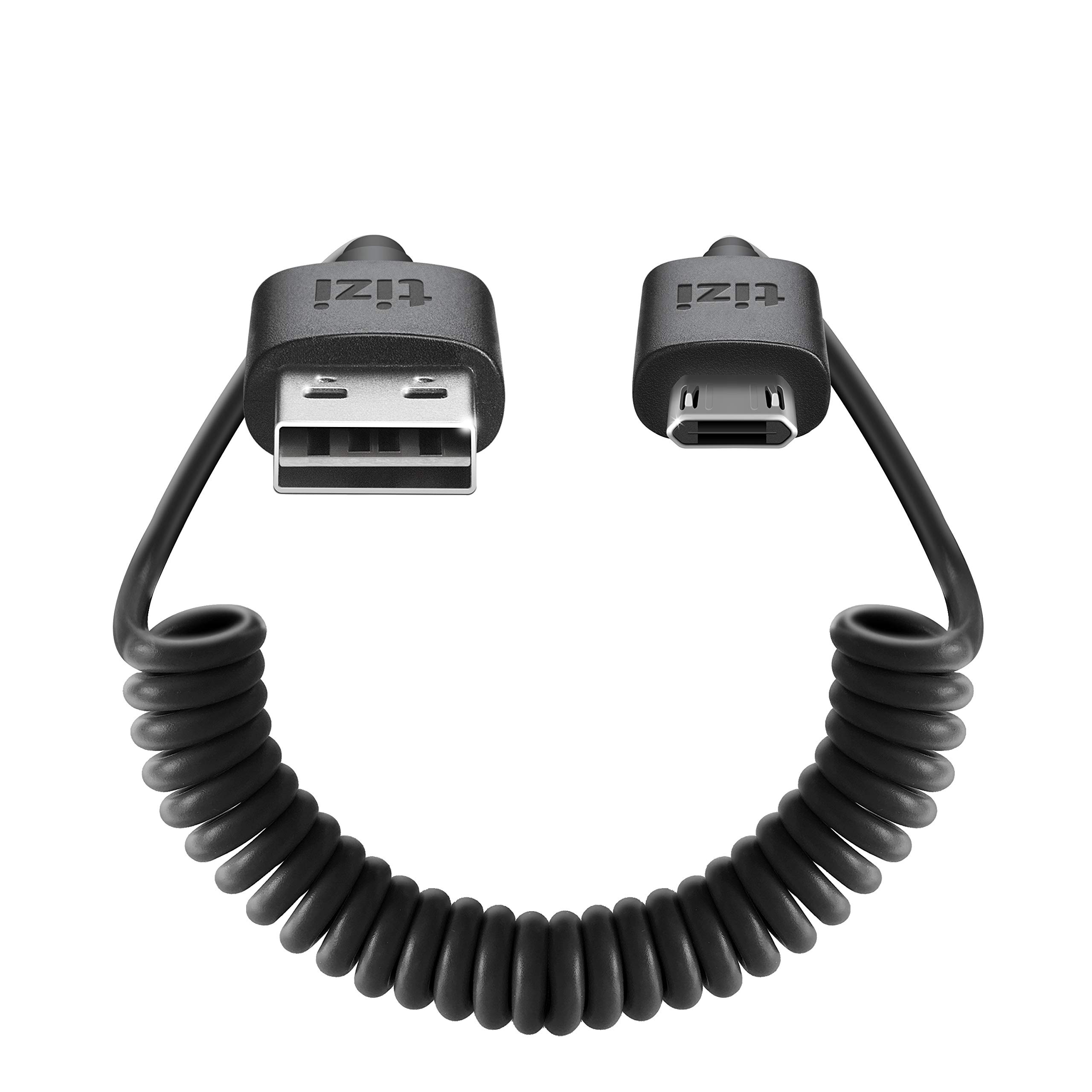 equinux NEW tizi Spiralkabel - Micro USB (1.4m, black) flexible data transfer and charging cable, 30cm (unstretched), with reversible Micro USB and USB A connectors. โ image 1