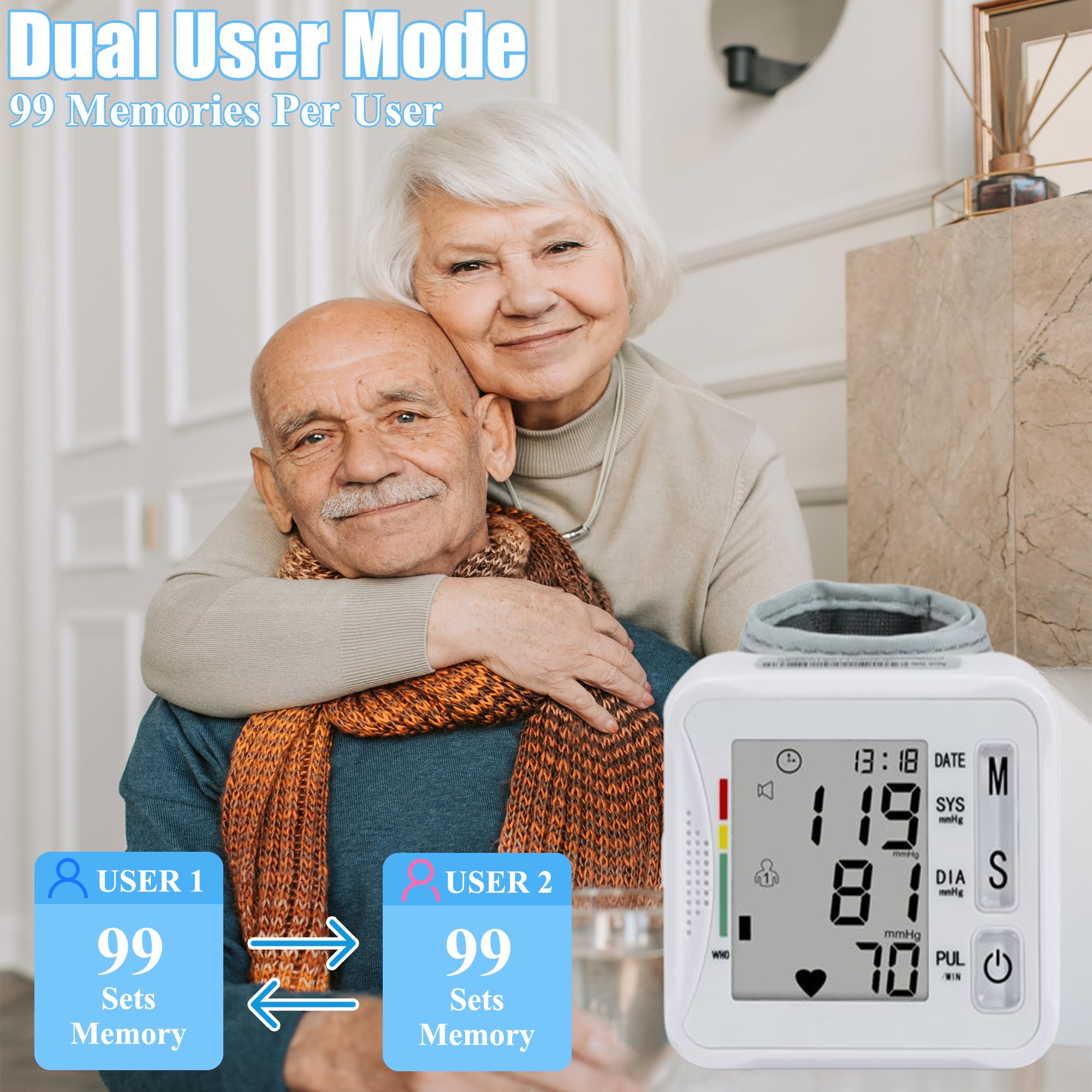 TOPBOMED Electronic Blood Pressure Monitor,Wrist Blood Pressure Monitor 2x99 Reading Memory for Adults Wrist BP Monitor with Carrying Case for Home Use