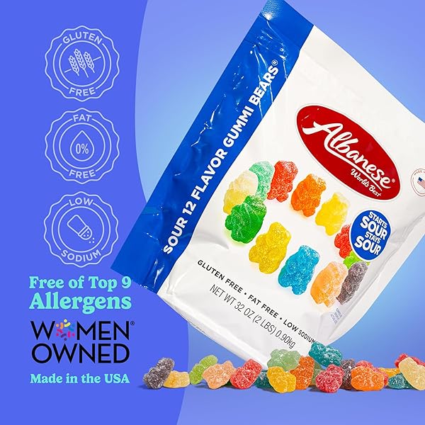 ALBANESE WORLD’S BEST SOUR 12 FLAVOR GUMMI BEARS, 32OZ BAG OF CANDY