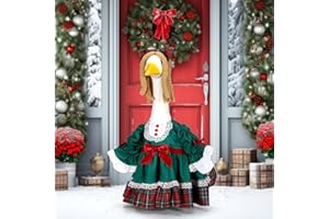 Soulchen 1 Set Christmas Green Porch Goose Outfit 23 Inch Winter Plaid Cement Goose Clothes Dress and Headdress Costume Set for Xmas Holiday Lawn Garden Yard Decor