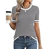 Micoson Womens Short Sleeve Cable Knit Sweater Tops Crewneck Lightweight Spring Summer Shirts Business Dressy Casual Outfits