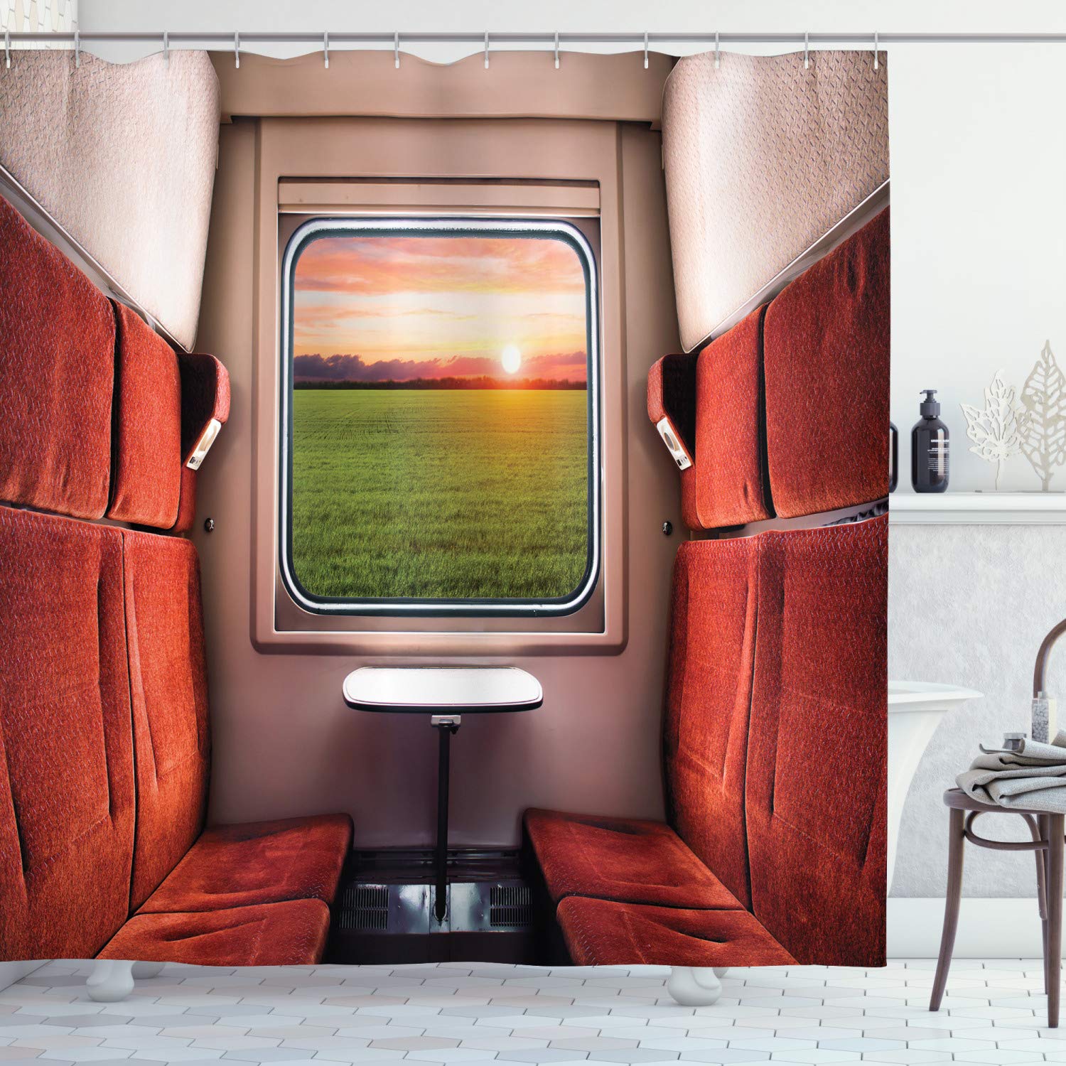 ABAKUHAUS Nature Shower Curtain, Fresh Nature Setting from Train Compartment Window Railroad Destination Travel, Cloth Fabric Bathroom Decor Set with Hooks, 78 Inches, Red Green Cream