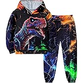 ADIFUN Boys Clothes, T-Rex Print Dinosaur Boy Clothes Fall Winter Outfits Long-sleeved Hooded Sweatshirt Pants 2Pcs Set
