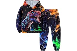 ADIFUN Boys Clothes, T-Rex Print Dinosaur Boy Clothes Fall Winter Outfits Long-sleeved Hooded Sweatshirt Pants 2Pcs Set