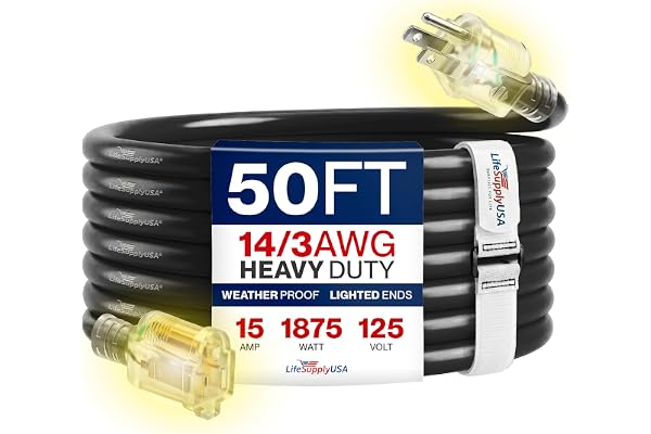 50ft Outdoor/Indoor Extension Cord 14/3 Gauge Heavy Duty 3 Prong SJTW, Waterproof, Flexible Cold-Resistant Long Power Cord,15