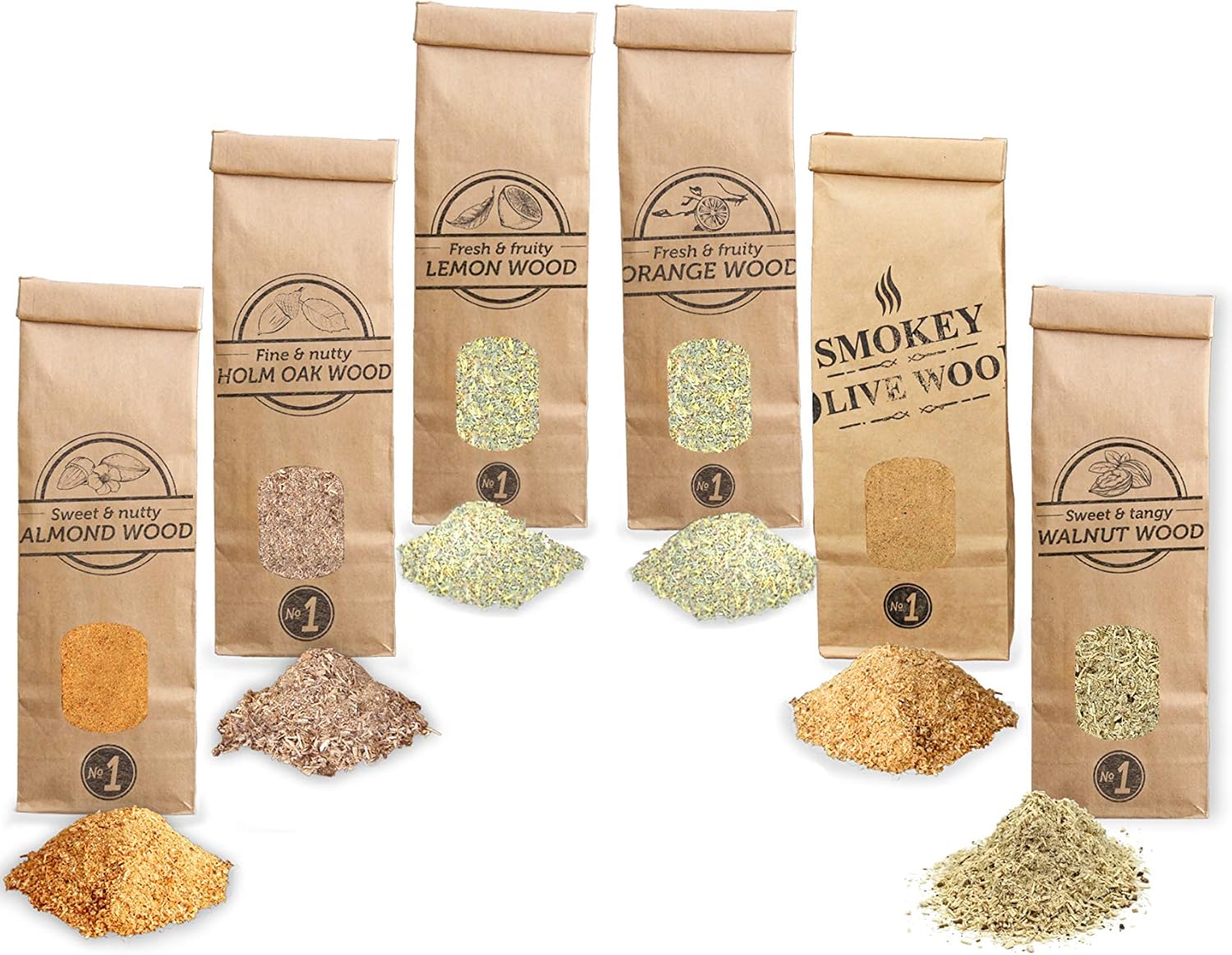 Smokey Olive Wood 6X 300mL Räuchermehl, Oliven- + Buche, Mandel-, Eichen-, Orangen-, Zitronen- und Walnussholz. Räucherspäne der Größe Nº1: 0-1mm