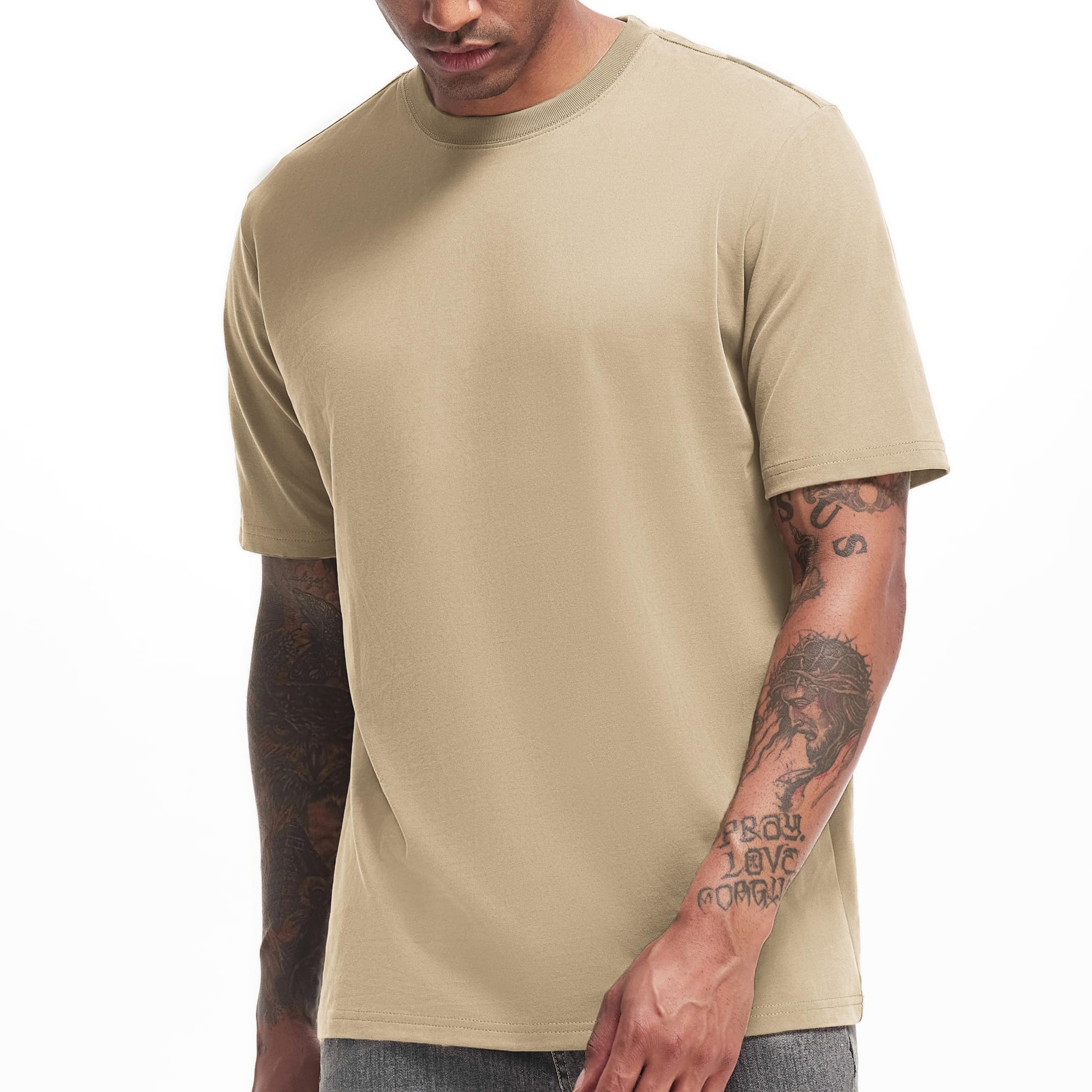 Photo 1 of VEIISAR Men's Heavy Weight Crew Neck T-Shirt Mens Premium Cotton Tee Khaki XL