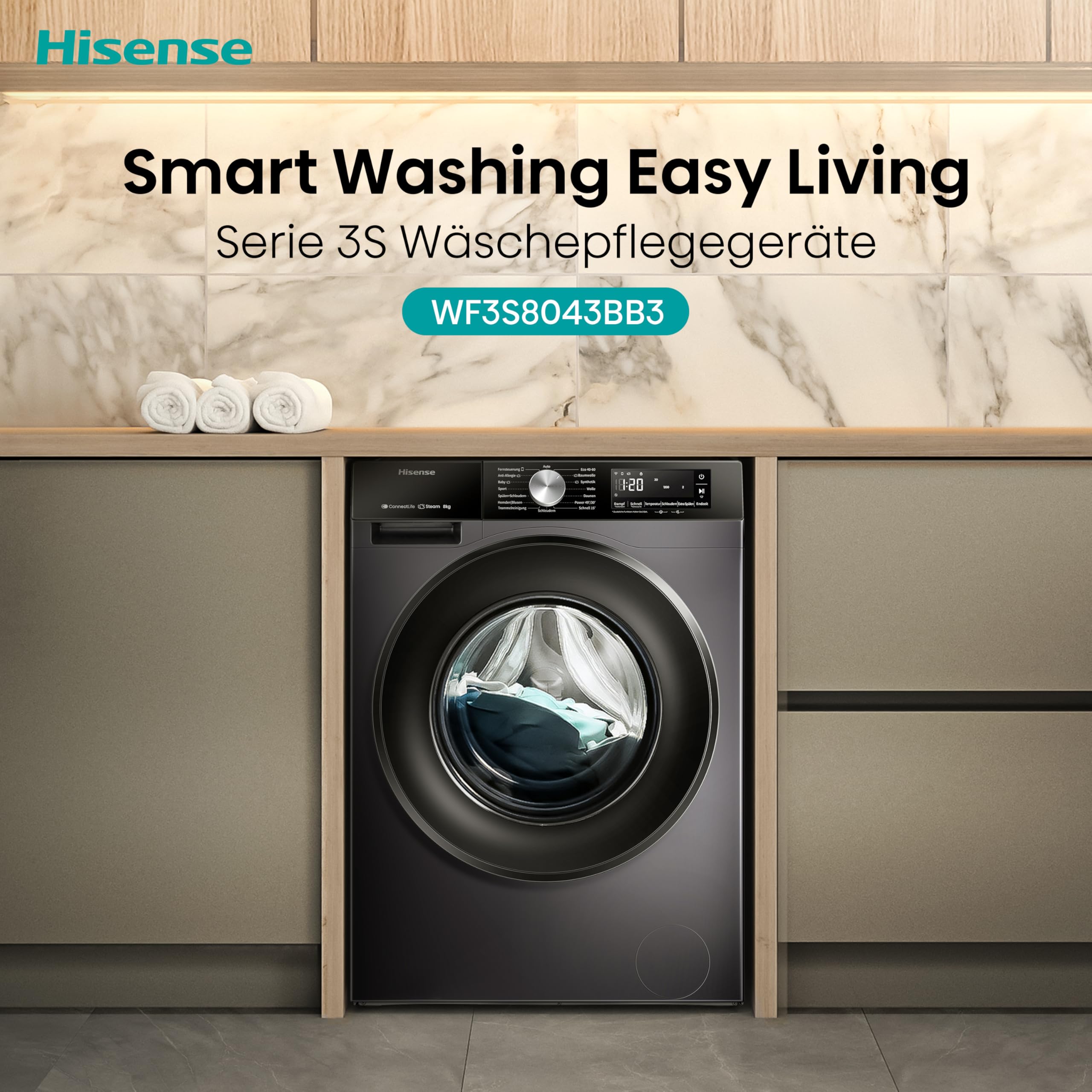 Hisense WF3S8043BB3 Waschmachine mit Dampffunkunktion, 8 kg, 1400 U,min, WIFI, ConnectLife, Power JetWash, Anti-Allergie Programm, Aqua Stop, Auto Wash, Quick Wash, EEK A-30 Prozent 4