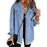 Vetinee Women’s Oversized Button Up Frayed Hem Shacket Long Sleeve Pockets Denim Jean Jacket
