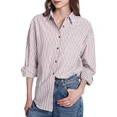 PEHMEA Women's Striped Button Down Shirts Long Sleeve Cotton Blouse with Pocket for Casual Office Daily(Brown-M)