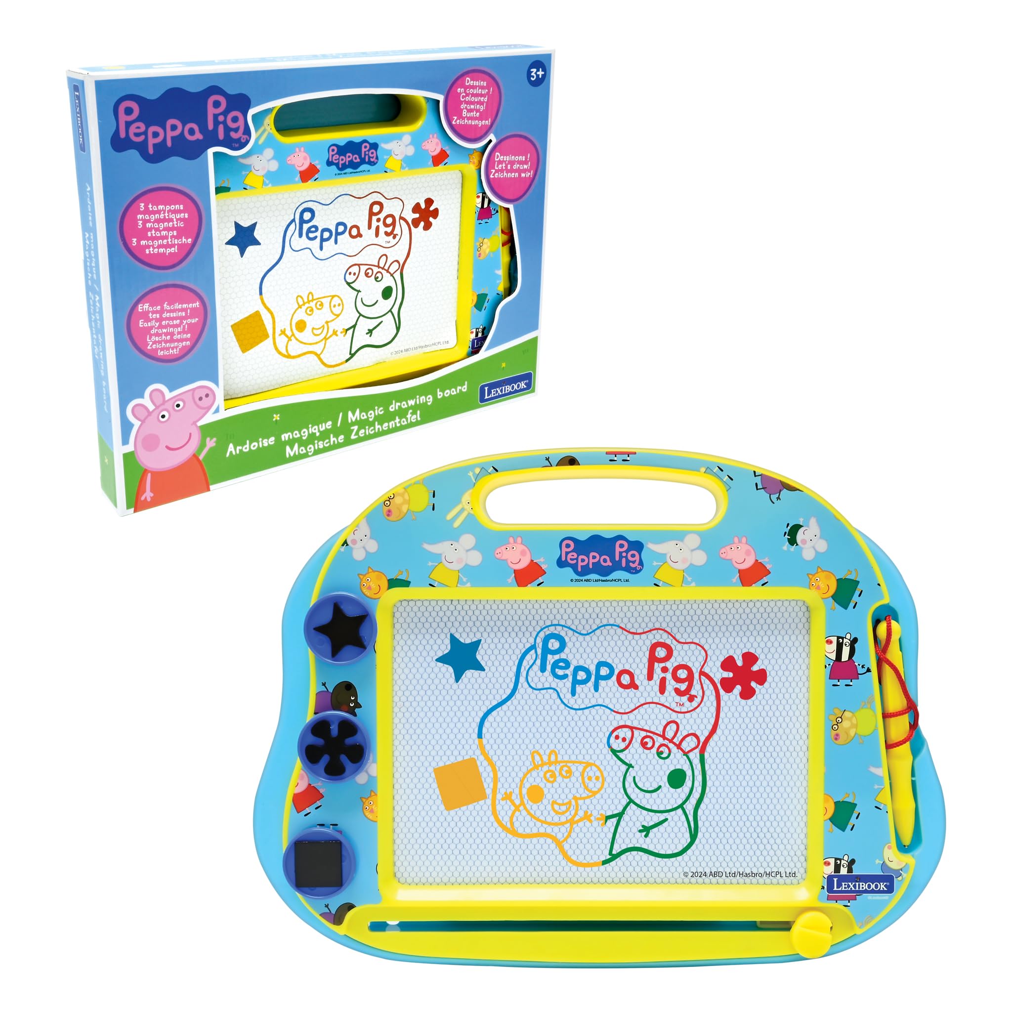 LEXIBOOK, Peppa Pig, Multicoloured magic slate, 3 magnetic stamps and stylus included, Artistic and creative toy for drawing in colour, Blue/yellow, CRPP550