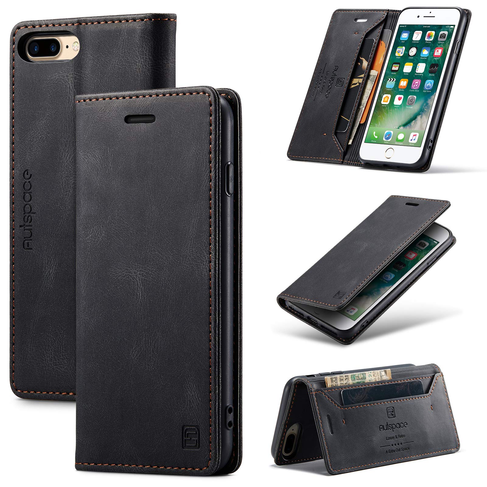 TOHULLE for iPhone 6 Plus for iPhone 6S Plus for iPhone 7 Plus for iPhone 8 Plus Case, Vintage Wallet Case Card Holder Kickstand hidden Magnetic Flip Leather Case - Black — image 1
