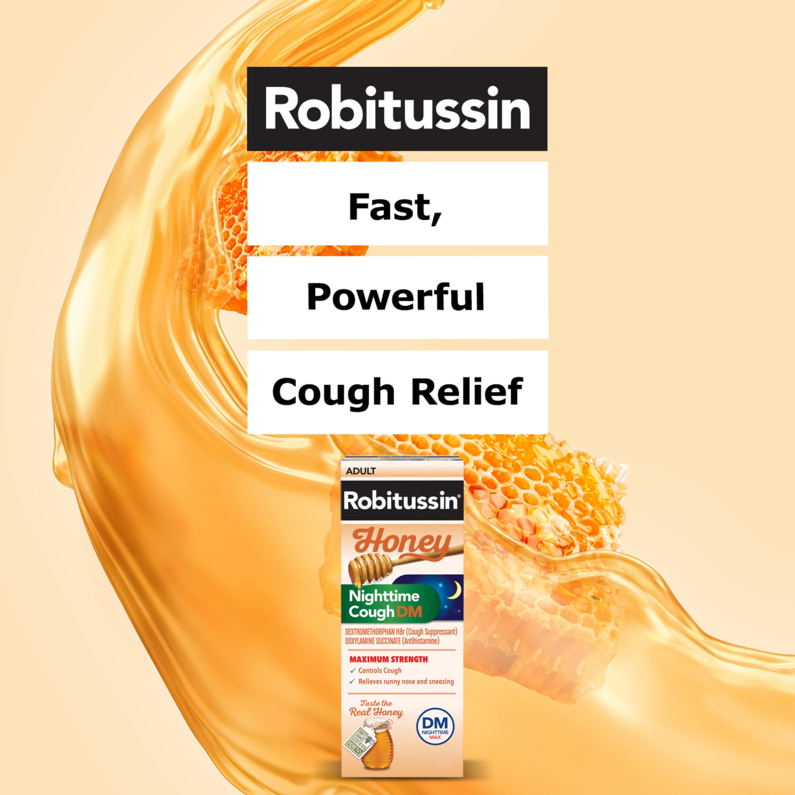Robitussin Honey Nighttime Cough DM Max - Controls Cough, Runny Nose and Sneezing - Adult Formula, 4 Fl Oz
