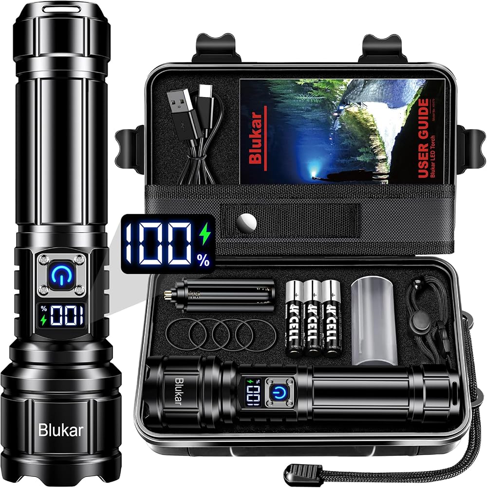 Blukar Rechargeable Flashlight, Ultra Bright LED, 5 Modes, 5000mAh, IP67