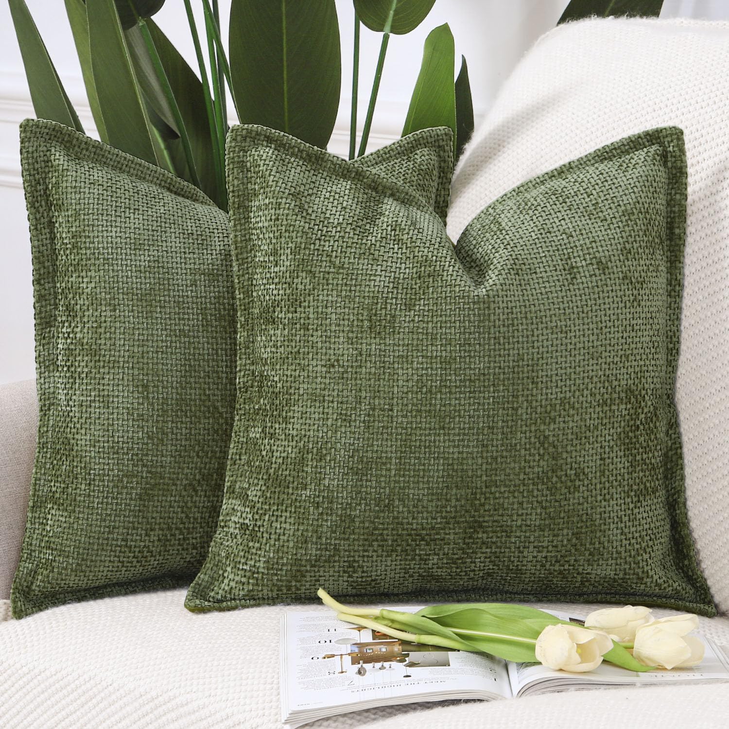 Madizz Set of 2 Chenille Velvet Cushion Covers with Flange Soft Boho Textured Throw Pillow Covers Broadside Pillowcases Modern Farmhouse Home Decor for Sofa Bedroom Moss Green 24x24 inch, 60x60 cm