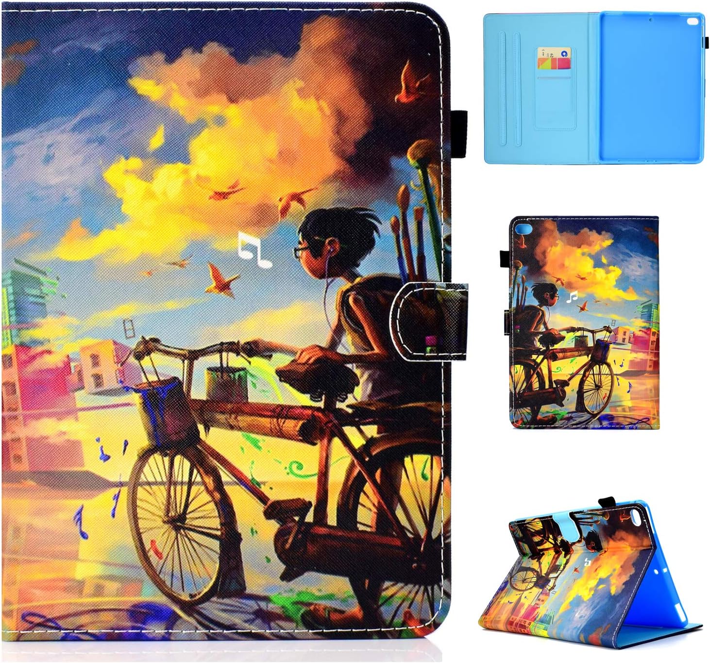 Uliking iPad 9.7 2017 2018 Case, iPad Air/Air 2 Case, PU Leather Smart Kickstand Wallet Protective Cartoon Case Cover with Auto Sleep/Wake for Apple iPad Air 1 / Air 2, iPad 9.7 Inch, Bicycle Boy