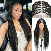 Lady Hanne 360&deg; Full Lace Braided Wigs Knotless Braided Wig for Black Women 34Inch Box Braid Wig with Baby Hair Premium Synthetic Hair Natural Black