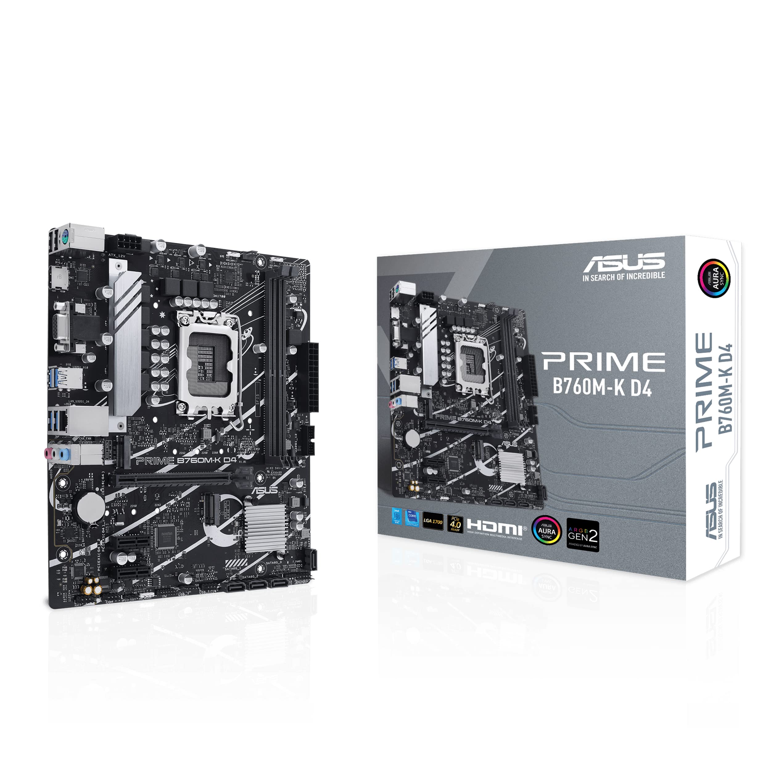 ASUS Prime B760M-K D4 Intel® B760 (LGA 1700)(13th and 12th Gen) mATX Motherboard, PCIe 4.0, Two PCIe 4.0 M.2 Slots, DDR4, Realtek 2.5Gb Ethernet, HDMI®, SATA 6 Gbps, Front USB 3.2 Gen 1, Aura Sync Image