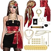 UDPP 38PCS Pirate Accessories for Women - Captain Costume Set with Telescope, Gold Coins, Jewelry, Sash, Bandana & Eye Patch - Complete Halloween Cosplay Dress Up Kit for Ladies