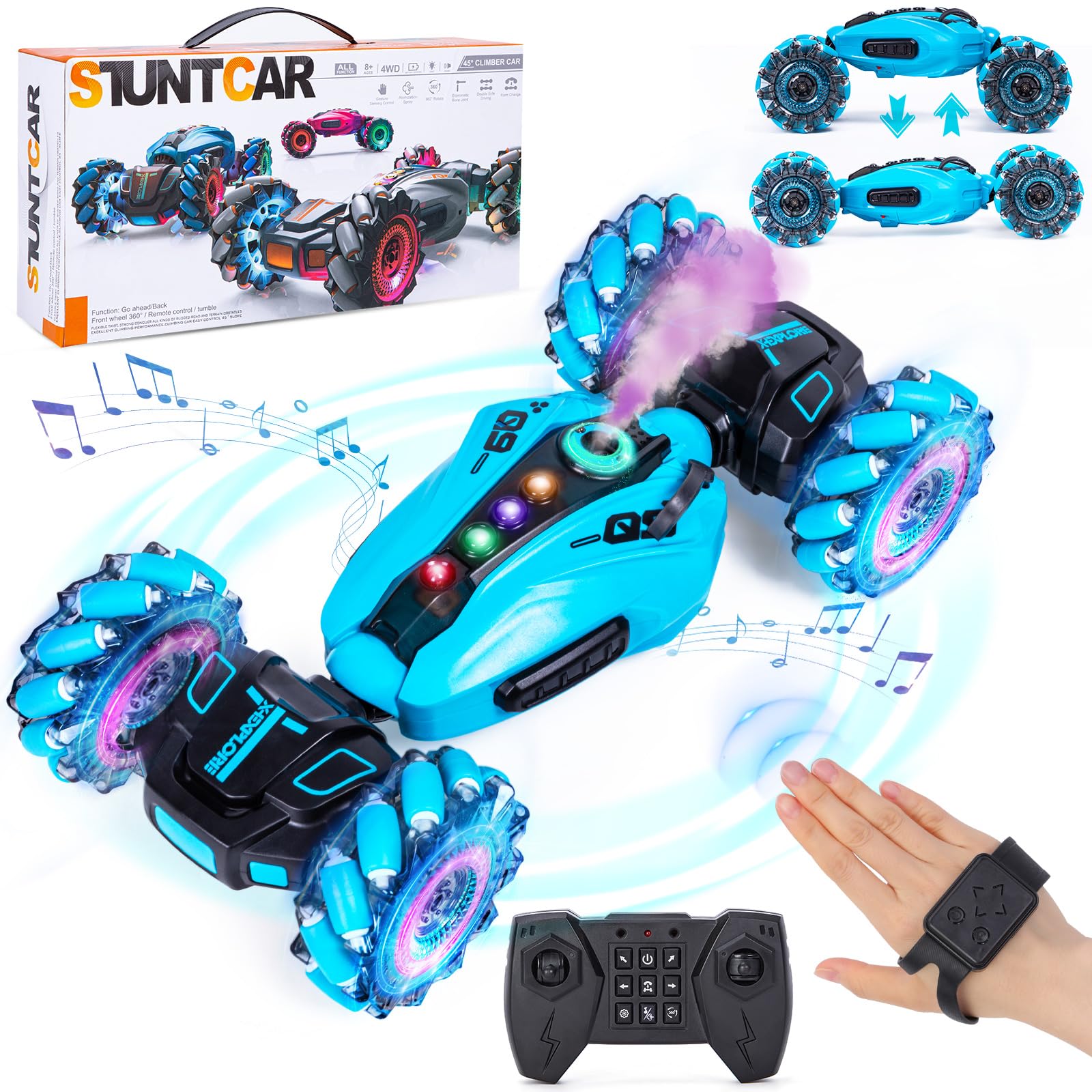 Highttoy 4WD Gesture Control RC Stunt Twist Car with Spray, Music & Lights, 2.4GHz 360° Rotation Remote Control Car Toys for 6 7 8 9 10 Year Old Boys Gifts, Light Blue