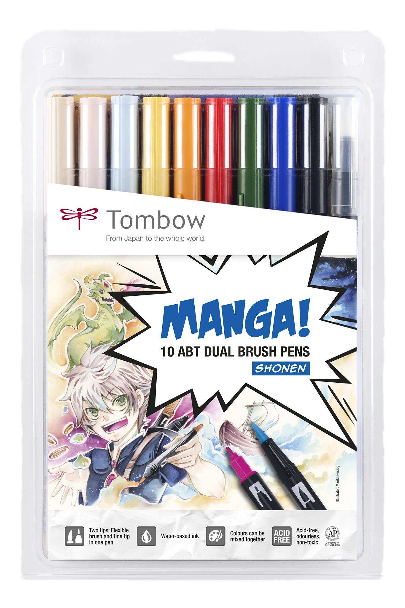 Tombow ABT-10C-MANGA2 Fibre-Tip Pen Dual Brush Pen Manga Set Shonen, Black
