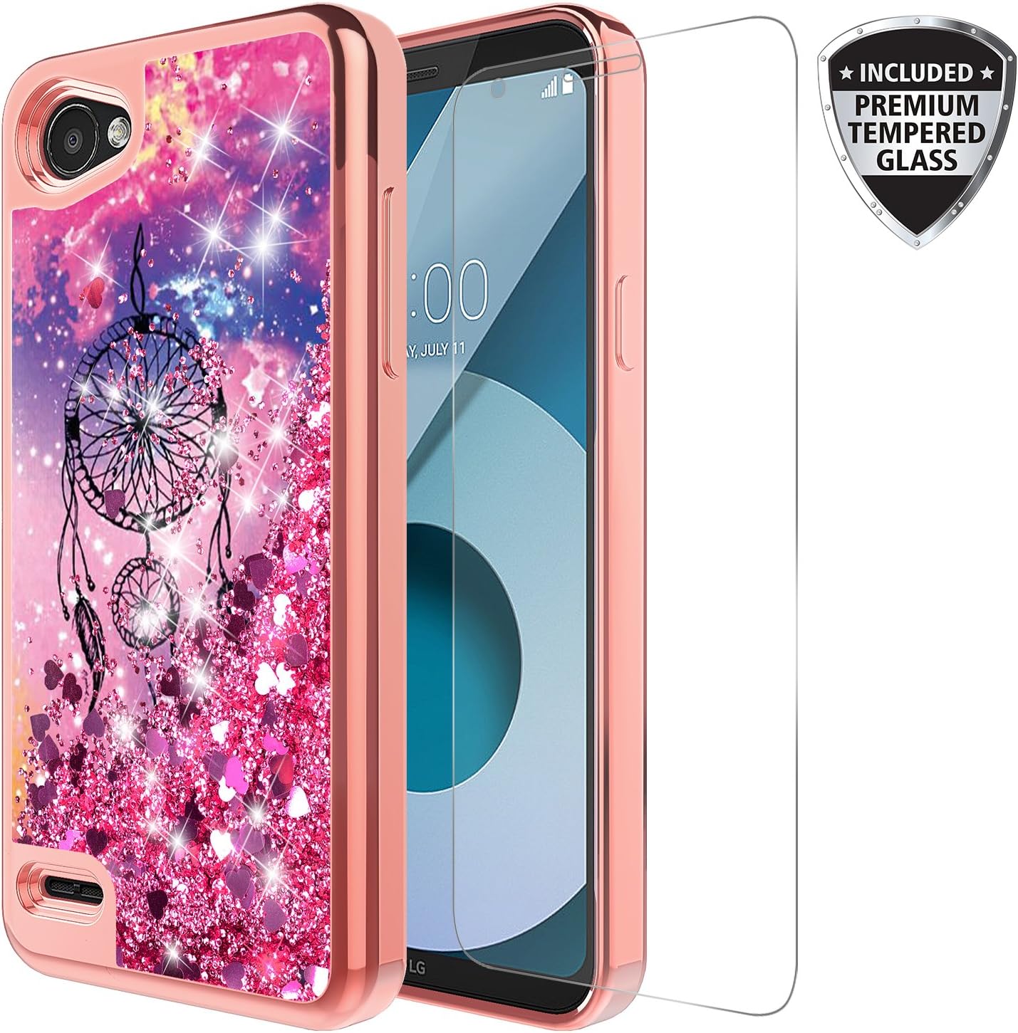 LG Q6 Case, LG Q6 Plus Case, With Tempered Glass Screen Protector Cute Sparkly Glitter Bling Luxury Fashion Quicksand for Teen Girls Women TPU Bumper Cover For LG Q6 MINI (Dream Catcher)