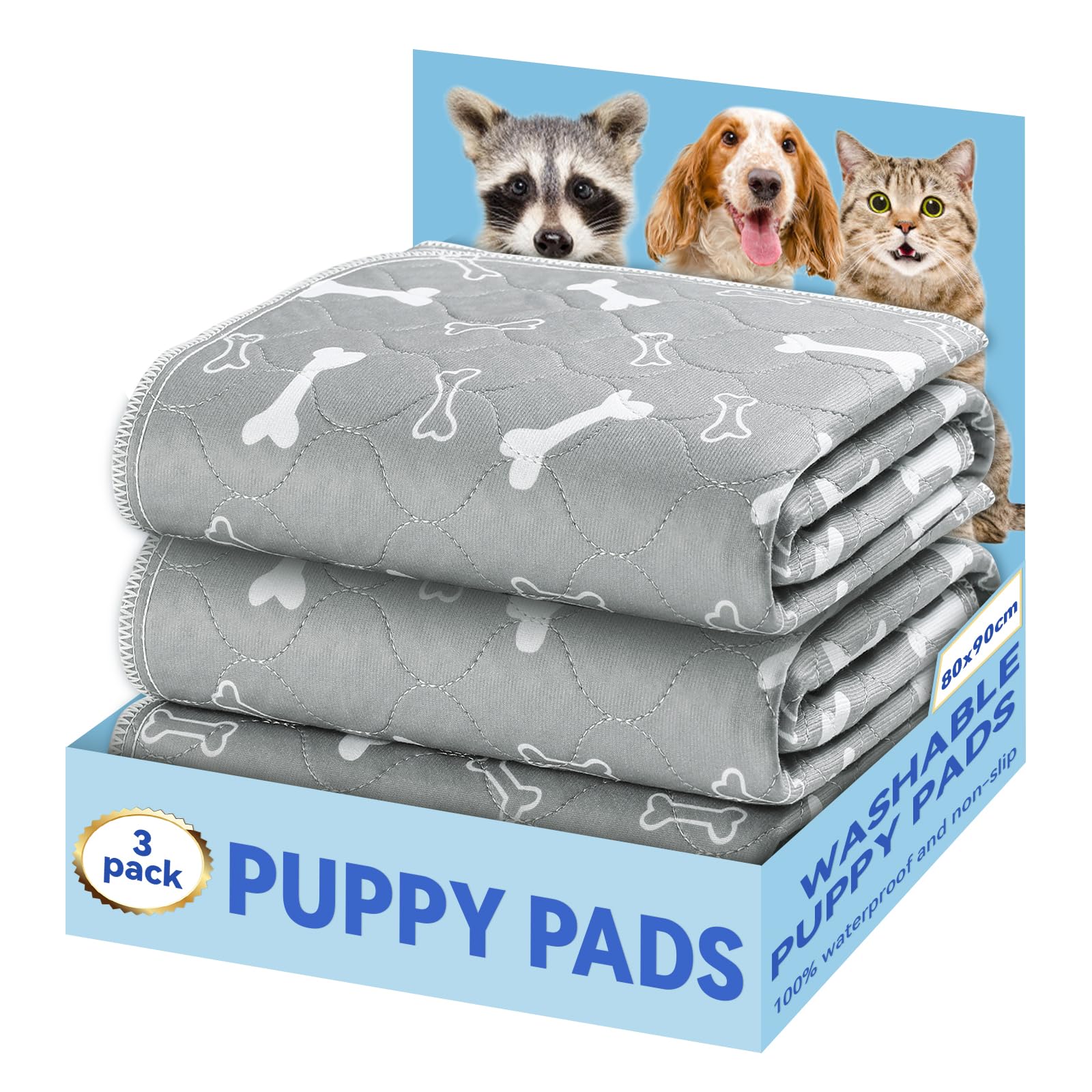 Baodan Puppy Pads Washable, 3 Pack Reusable Puppy Training Pads, Super Absorbent Waterproof Dog Mat Pee Pads for Dogs, Fast Drying Training Pads for Home, Car, Travel - 90x80 cm