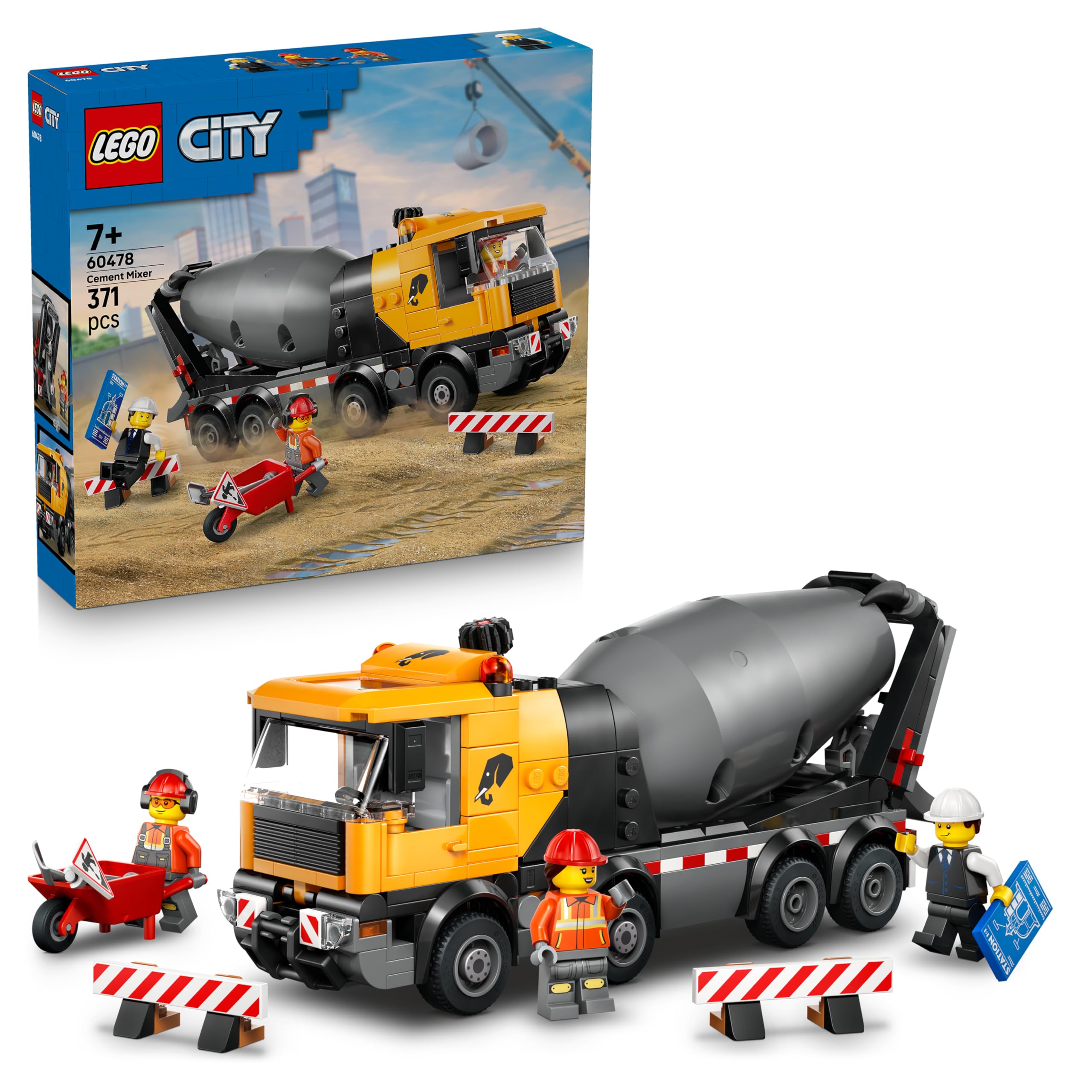 LEGO City Cement Mixer Truck Toy - Educational Construction Site Vehicle Model w/ 3 Minifigures, Rotating Drum & Pouring Function - Birthday Gift Idea for 7+ Year Old Boys - 60478