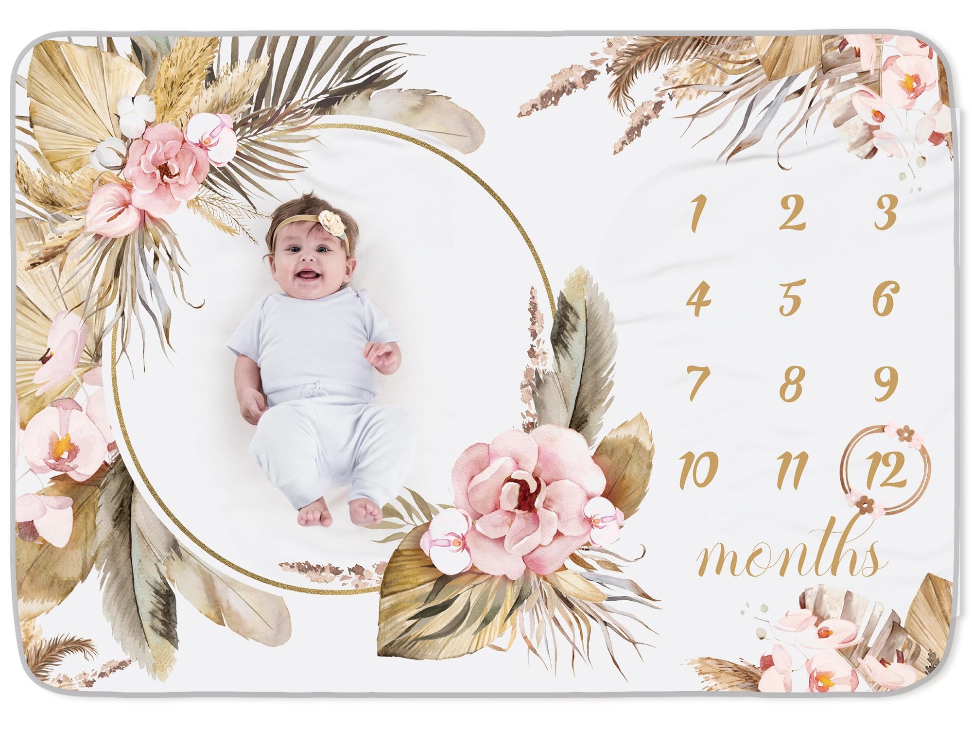 Photo 1 of Chumia Baby Monthly Milestone Blanket for Girl Boy 59"x39" Floral Boho Photo Prop Blanket Baby Age Milestone with Felt Wreath Frame