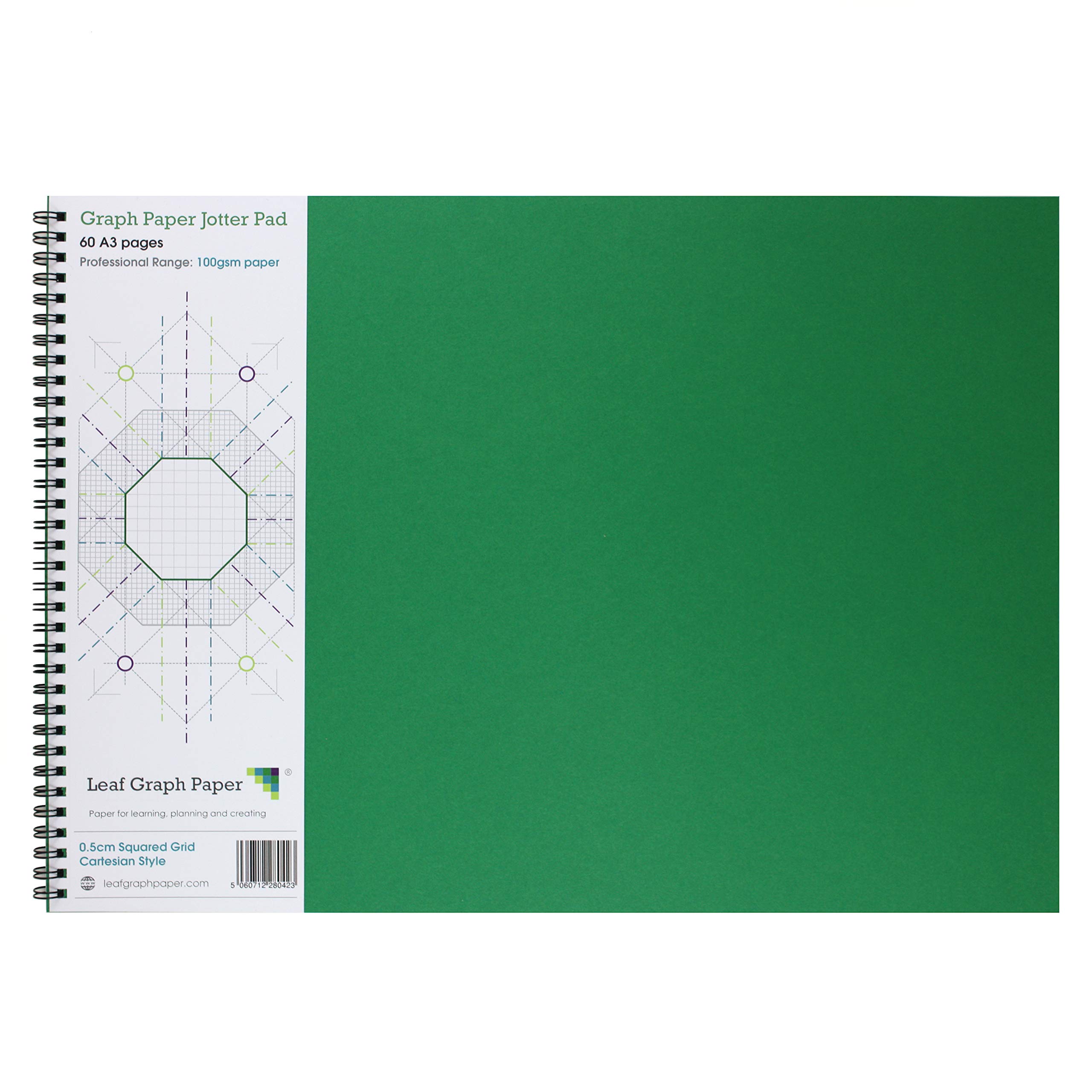 Leaf Graph A3 Graph Paper, 5mm (0.5cm) Squared Cartesian Grid, Wirebound Pad, 60 Pages (30 Sheets), 100gsm Thick Paper for Engineering, Technical Drawing and Scale Plans