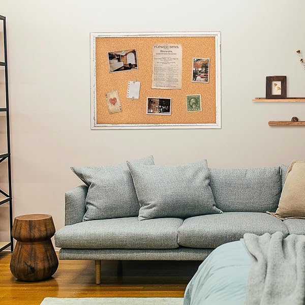 DOLLAR BOSS WHITE CORK BOARD FOR WALL – 24 X 18 INCHES, RUSTIC WOODEN FRAME BULLETIN BOARD, DECORATIVE HANGING PIN BOARD FOR OFFICE & HOME DECOR