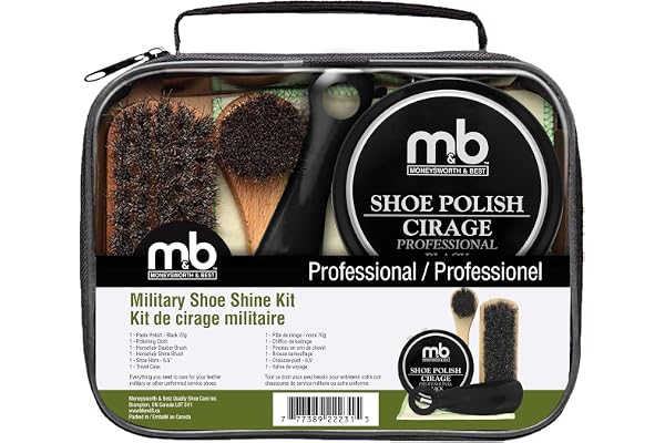 Military Shoe Shine KIT | 6 PIECE KIT | INCLUDES: BLACK PASTE POLISH, POLISHING CLOTH, SHOE HORN, DAUBER BRUSH, SHINE BRUSH &