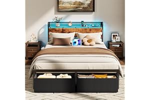Furnulem Queen Size Bed Frame with Headboard Storage, Platform Bed Frame Queen Size with 2 Drawers, Charging Station and LED Lights, No Box Spring Needed, Noise Free