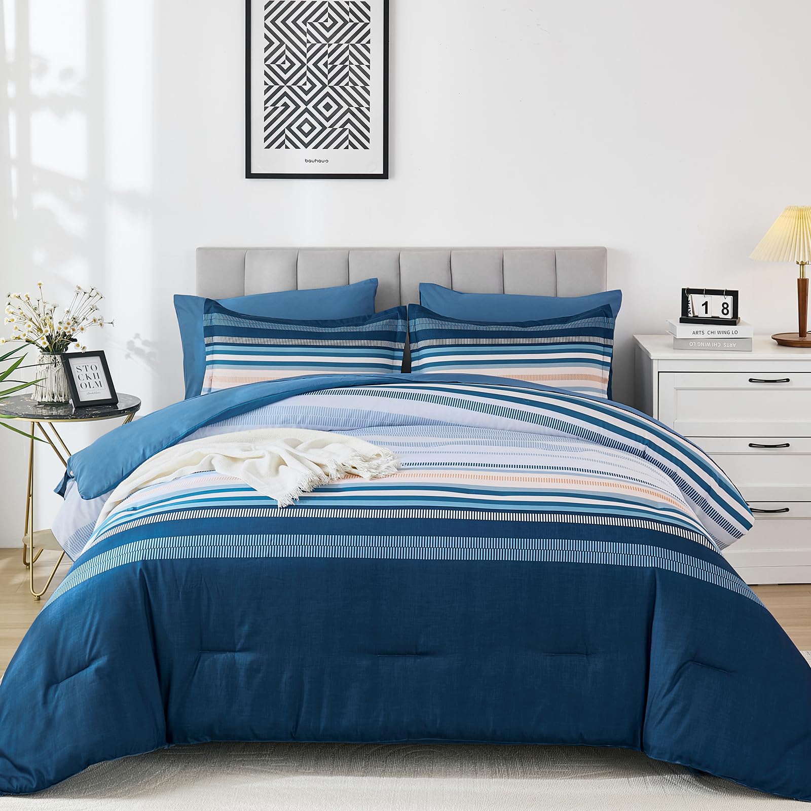 Condition photo showing New/Like New for dobuyly blue comforter full size set 7 piece, boho striped bed in a bag full soft microfiber all sea
