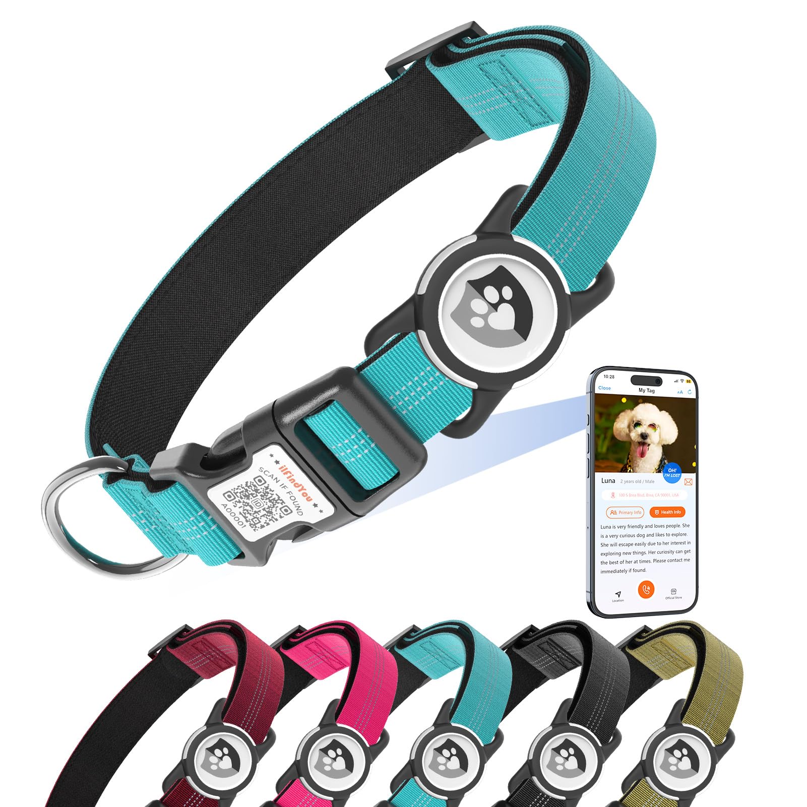 Photo 1 of ilFindYou Reflective Dog Collar with AirTag Holder for Medium Dogs Soft Nylon Blue Sized M