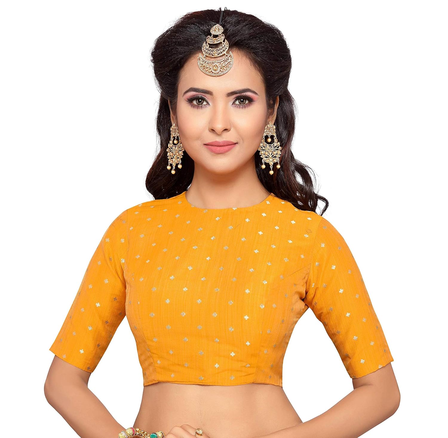 studio shringaar women's poly silk brocade readymade jewel neck and elbow length sleeves saree blouse