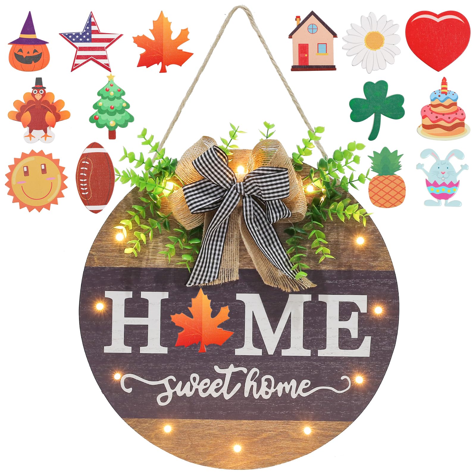 Photo 1 of Interchangeable Welcome Sign for Front Door with 14 Changeable Icons, Farmhouse Front Porch Decor Rustic Wooden Wall Sign with 12 LED Lights, Outdoor Seasonal Welcome Home Decorations (Wood home1)